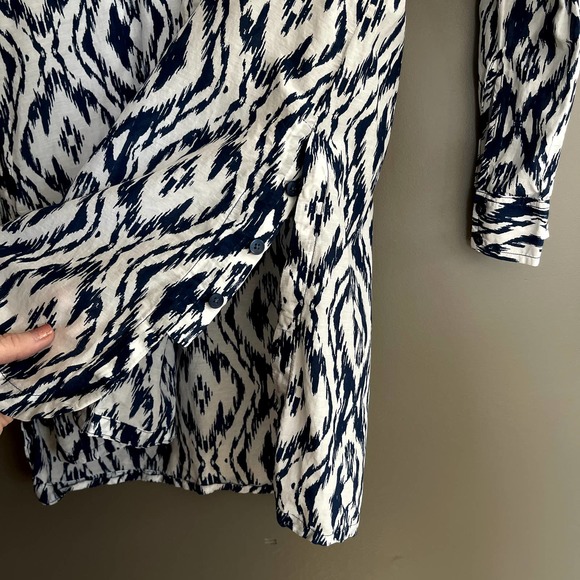 Athleta Printed Kaftan Shirt Dress Tunic Navy Blue White Ikat Medium Cover Up - Picture 9 of 16